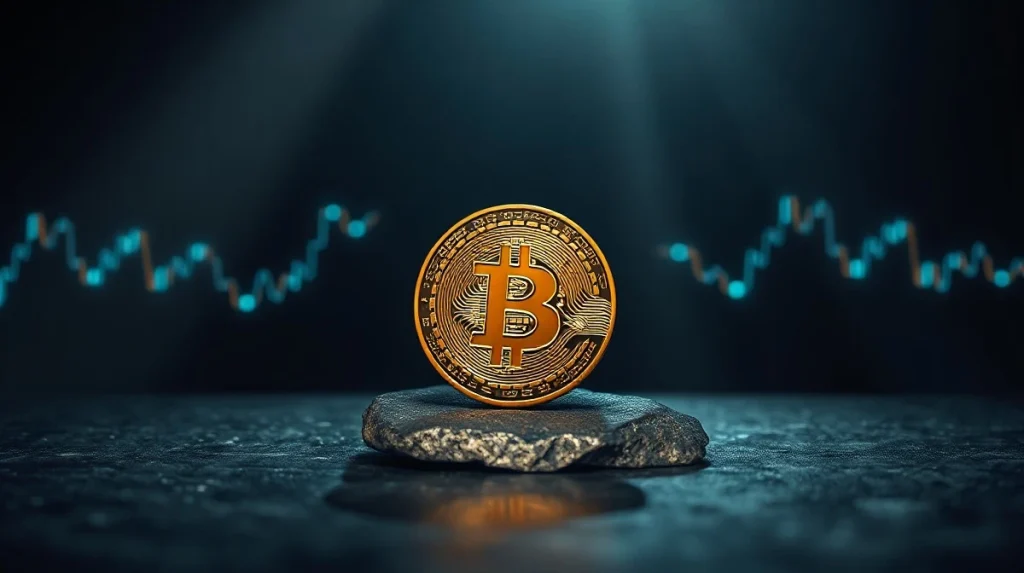 Bitcoin coin on a dark surface with a glowing cycle graph line, representing the 400-day market cycle theory.