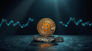 Bitcoin coin on a dark surface with a glowing cycle graph line, representing the 400-day market cycle theory.