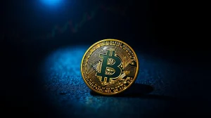 Bitcoin coin in dramatic lighting with dark background and faint chart lines