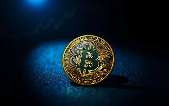 Bitcoin coin in dramatic lighting with dark background and faint chart lines