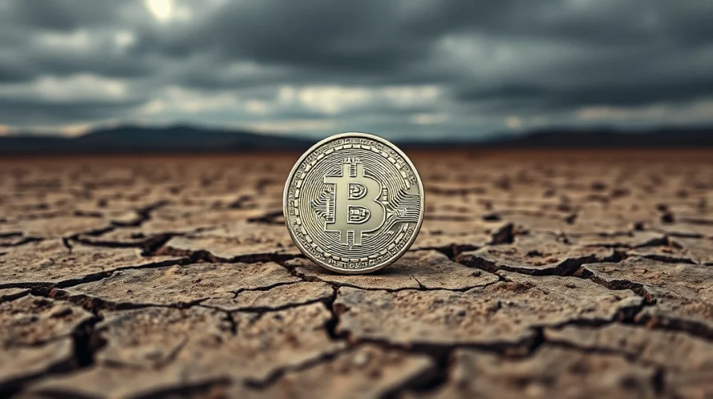 Bitcoin coin on cracked earth under overcast sky representing bear market bottom