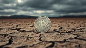 Bitcoin coin on cracked earth under overcast sky representing bear market bottom