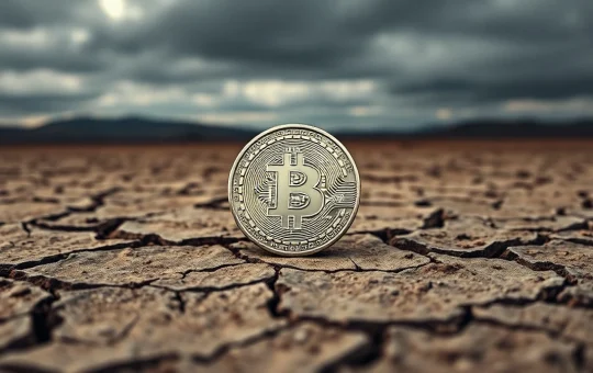 Bitcoin coin on cracked earth under overcast sky representing bear market bottom
