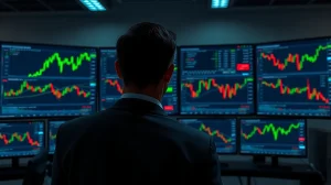 Trader monitoring Bitcoin price charts on multiple screens in a dimly lit office