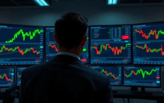 Trader monitoring Bitcoin price charts on multiple screens in a dimly lit office