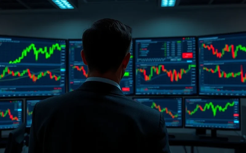 Trader monitoring Bitcoin price charts on multiple screens in a dimly lit office