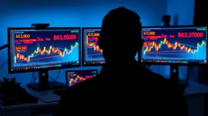 Bitcoin trader analyzing liquidation heatmap on multiple monitors showing liquidity clusters above price.