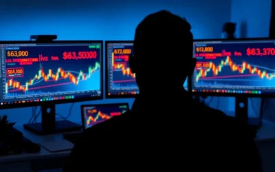 Bitcoin trader analyzing liquidation heatmap on multiple monitors showing liquidity clusters above price.