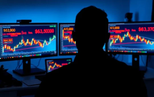 Bitcoin trader analyzing liquidation heatmap on multiple monitors showing liquidity clusters above price.