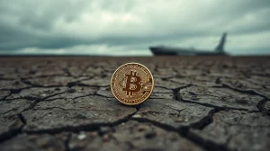 Bitcoin coin on cracked dry earth under overcast sky representing market bottom uncertainty