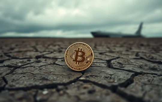 Bitcoin coin on cracked dry earth under overcast sky representing market bottom uncertainty
