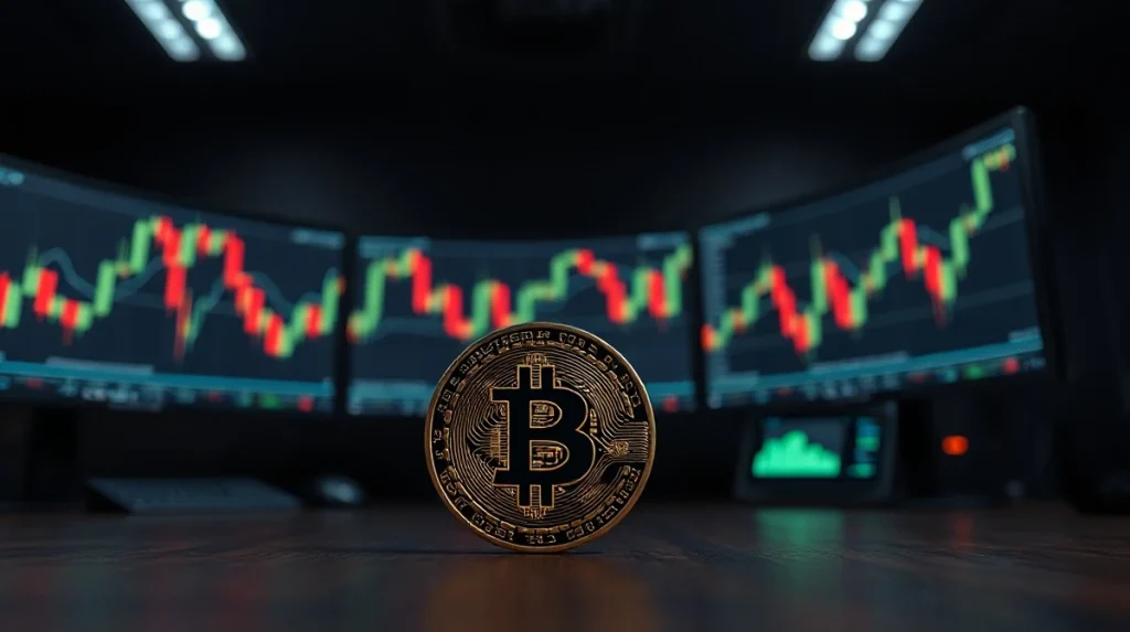 Bitcoin coin in focus with trading charts on monitors in background