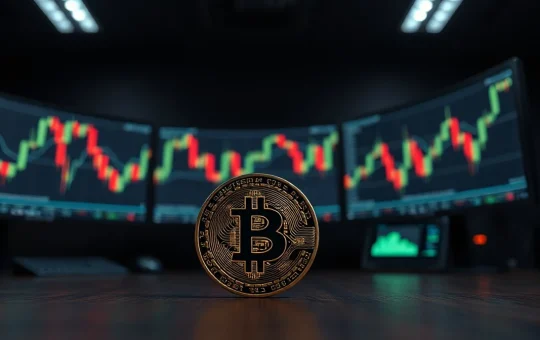 Bitcoin coin in focus with trading charts on monitors in background