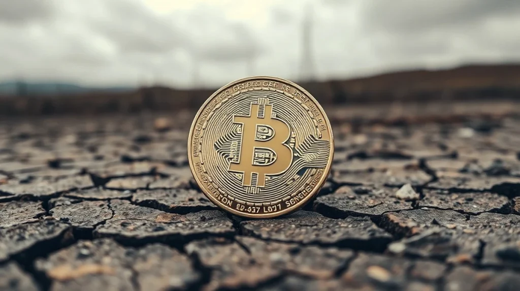 Bitcoin coin on cracked dry earth under overcast sky representing market uncertainty