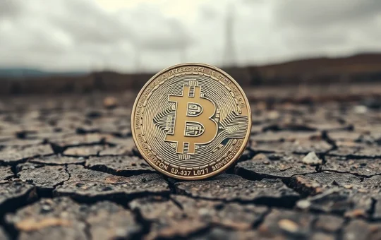 Bitcoin coin on cracked dry earth under overcast sky representing market uncertainty