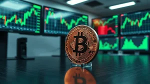 Bitcoin coin on a trading desk with bullish chart monitors in the background