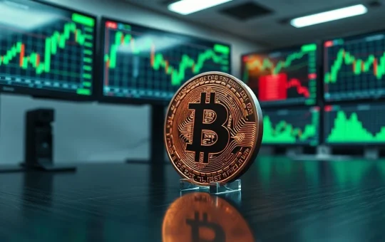 Bitcoin coin on a trading desk with bullish chart monitors in the background