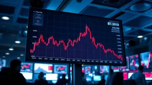 Bitcoin price chart showing a sharp red decline on a trading monitor in a financial office