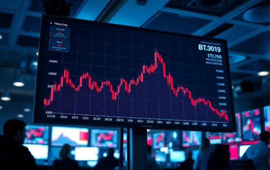 Bitcoin price chart showing a sharp red decline on a trading monitor in a financial office