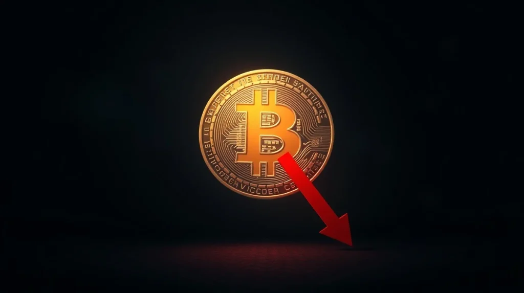 Bitcoin coin with a red downward arrow, symbolizing a bearish price prediction.