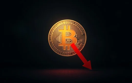 Bitcoin coin with a red downward arrow, symbolizing a bearish price prediction.