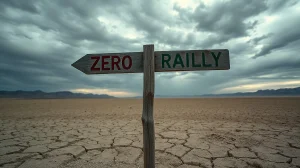 A weathered signpost in a desert pointing to 'Zero' and 'Rally', representing Bitcoin's uncertain price path.