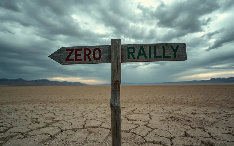 A weathered signpost in a desert pointing to 'Zero' and 'Rally', representing Bitcoin's uncertain price path.