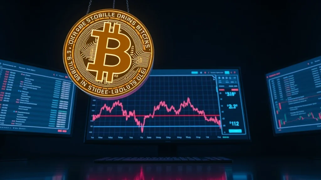 Bitcoin coin icon above a trading dashboard showing a low Power-Law Quantile signal on a chart.