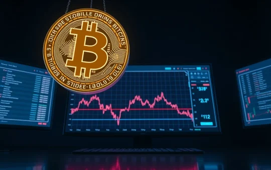 Bitcoin coin icon above a trading dashboard showing a low Power-Law Quantile signal on a chart.
