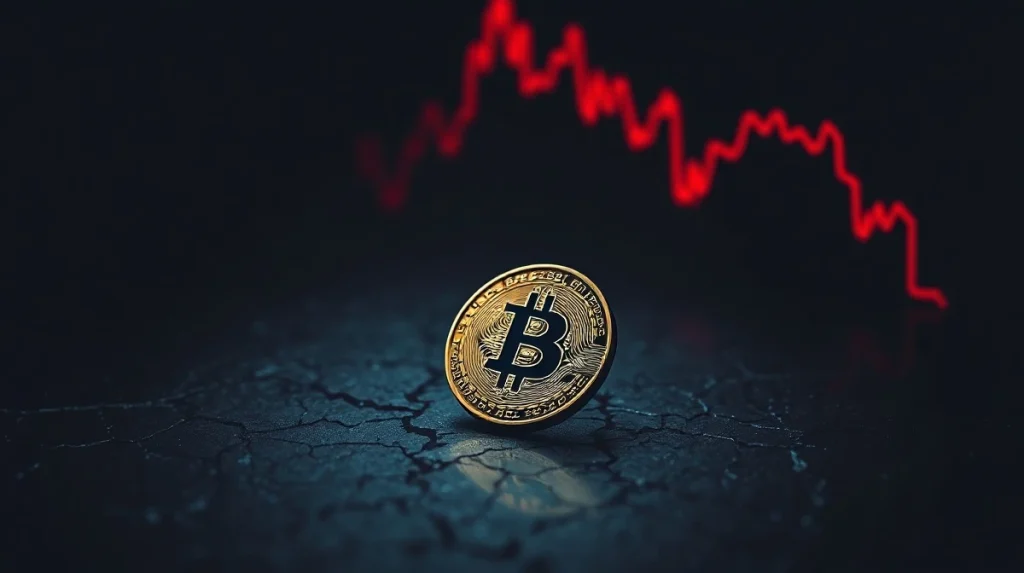 Bitcoin coin on a cracked digital surface with a red chart reflecting a market downturn.