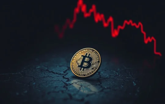 Bitcoin coin on a cracked digital surface with a red chart reflecting a market downturn.