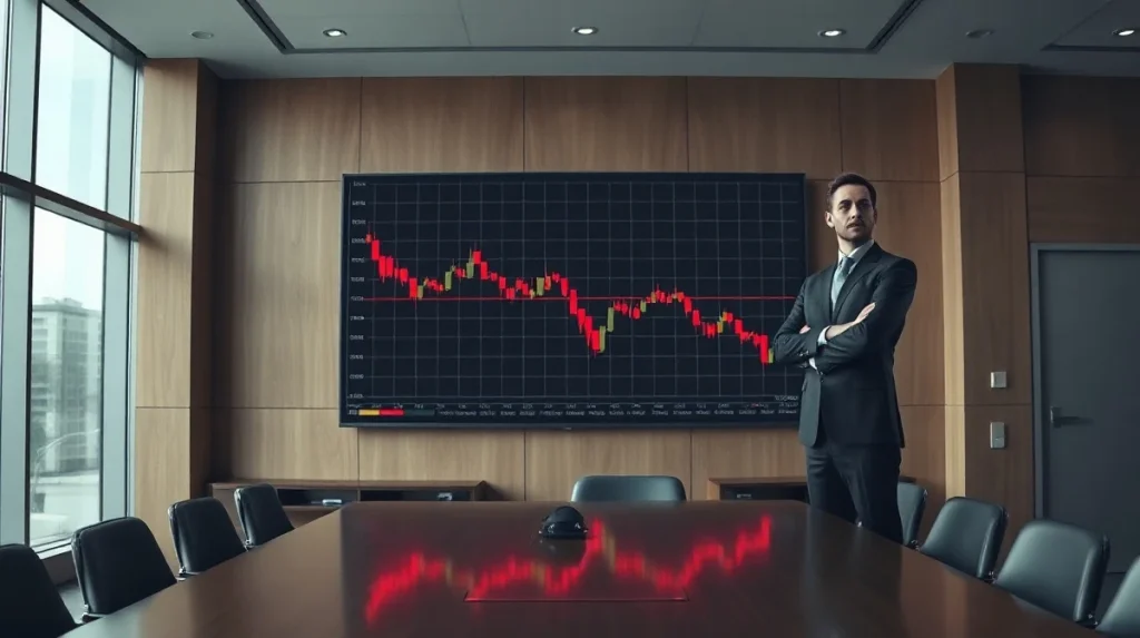 A business executive observing a Bitcoin price chart on a large display in a modern boardroom.