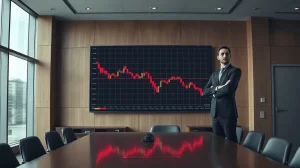 A business executive observing a Bitcoin price chart on a large display in a modern boardroom.