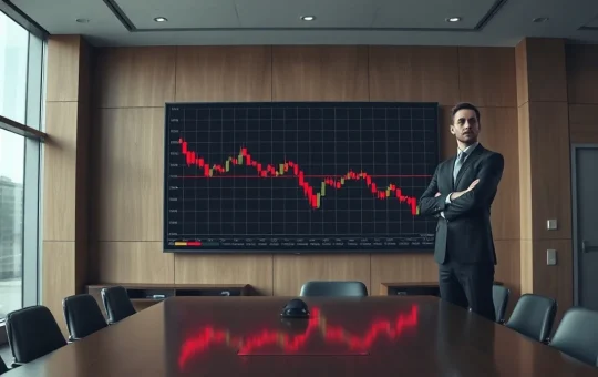 A business executive observing a Bitcoin price chart on a large display in a modern boardroom.