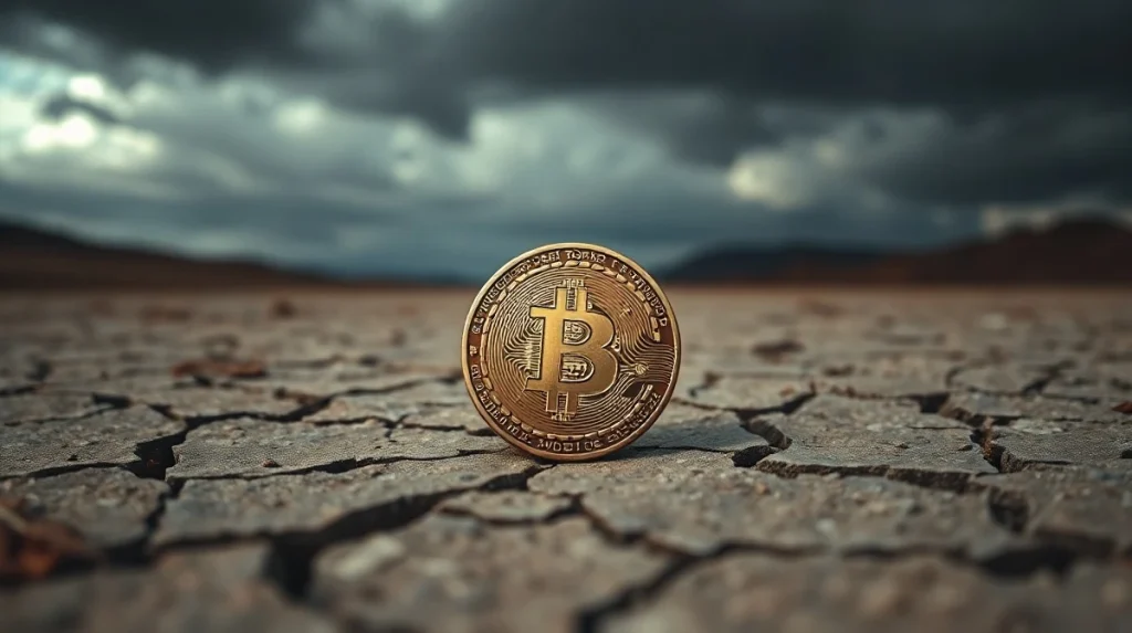 Bitcoin coin on cracked dry ground under dark sky representing market capitulation