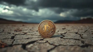 Bitcoin coin on cracked dry ground under dark sky representing market capitulation