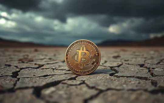 Bitcoin coin on cracked dry ground under dark sky representing market capitulation