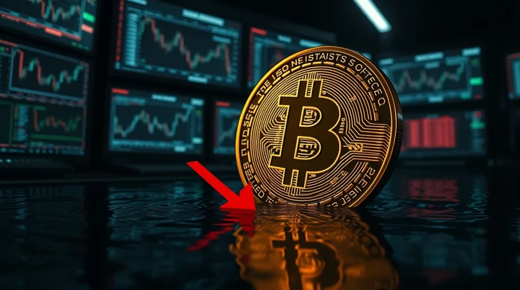 Bitcoin coin partially submerged in dark liquid with downward arrow in a financial control room