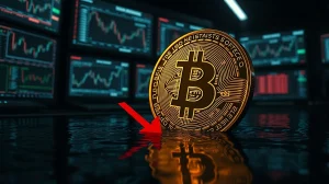 Bitcoin coin partially submerged in dark liquid with downward arrow in a financial control room