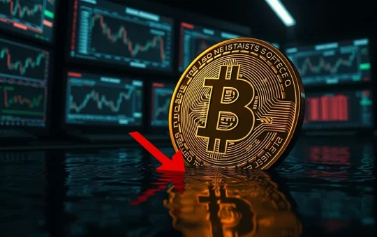 Bitcoin coin partially submerged in dark liquid with downward arrow in a financial control room