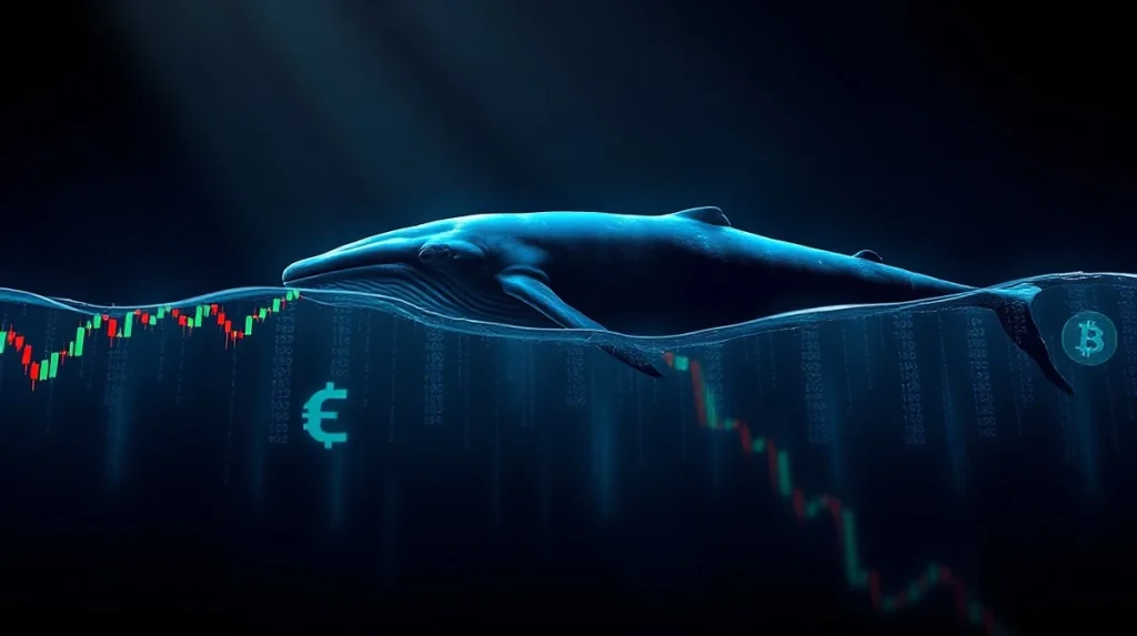A whale swimming through a digital ocean of Bitcoin candlestick charts and binary code