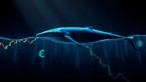 A whale swimming through a digital ocean of Bitcoin candlestick charts and binary code