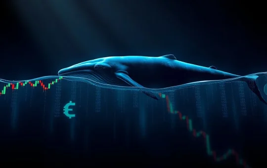 A whale swimming through a digital ocean of Bitcoin candlestick charts and binary code