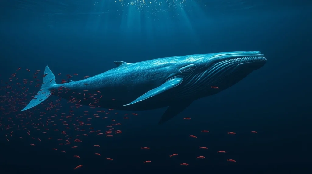 A large whale swimming in dark ocean with small red fish scattering, symbolizing Bitcoin whales absorbing retail selling.