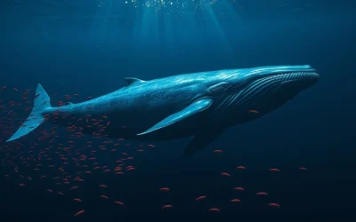 A large whale swimming in dark ocean with small red fish scattering, symbolizing Bitcoin whales absorbing retail selling.