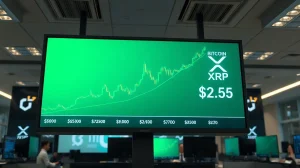 Digital display showing Bitcoin and XRP price charts with green upward trend on a trading floor.