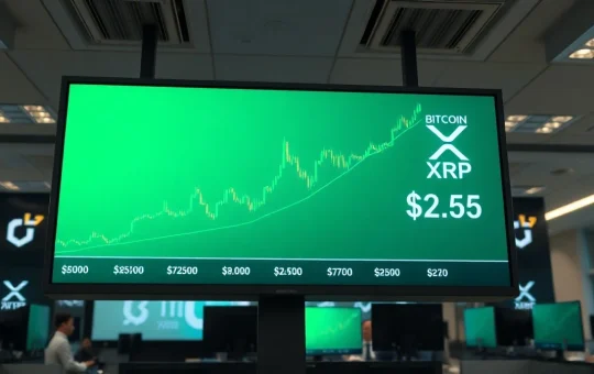 Digital display showing Bitcoin and XRP price charts with green upward trend on a trading floor.