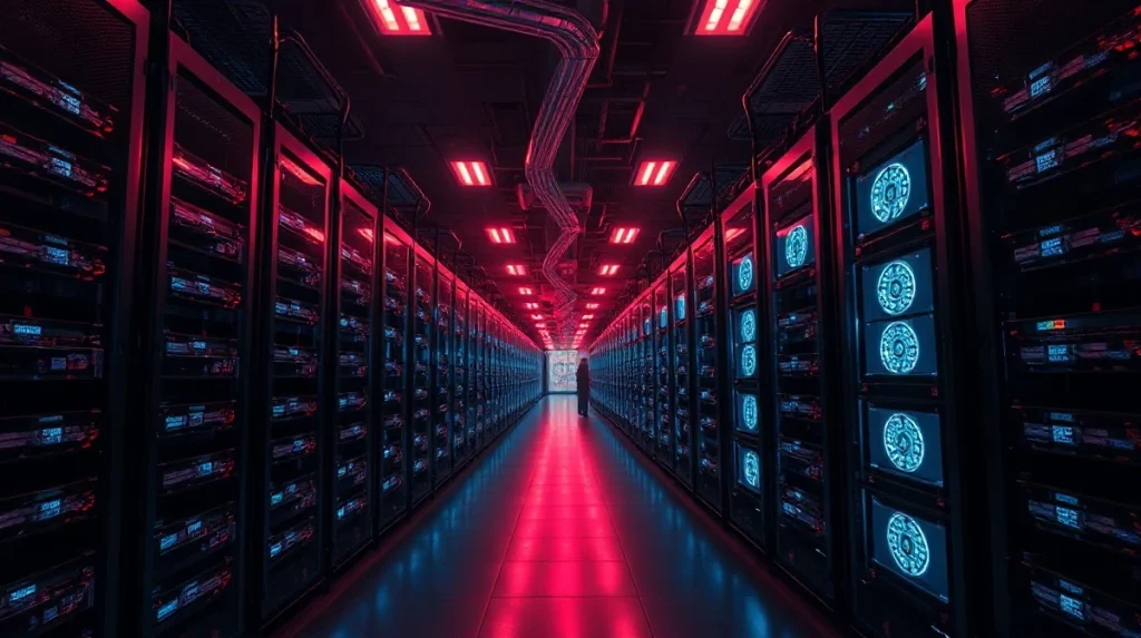 Interior of a large cryptocurrency mining facility with rows of servers and mining rigs.