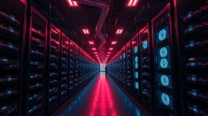 Interior of a large cryptocurrency mining facility with rows of servers and mining rigs.