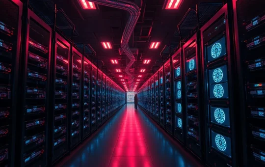 Interior of a large cryptocurrency mining facility with rows of servers and mining rigs.